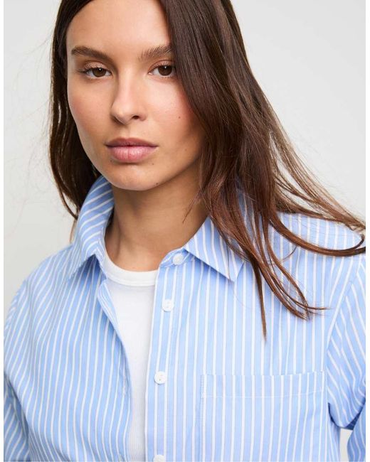 Stradivarius Blue Basic Striped Poplin Shirt With Pocket