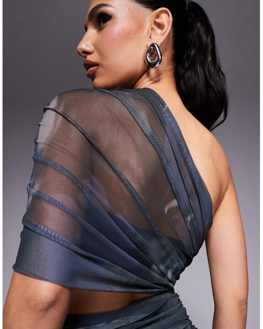 ASOS Blue One Shoulder Maxi Dress With Ruched Bodice And Sheer Skirt