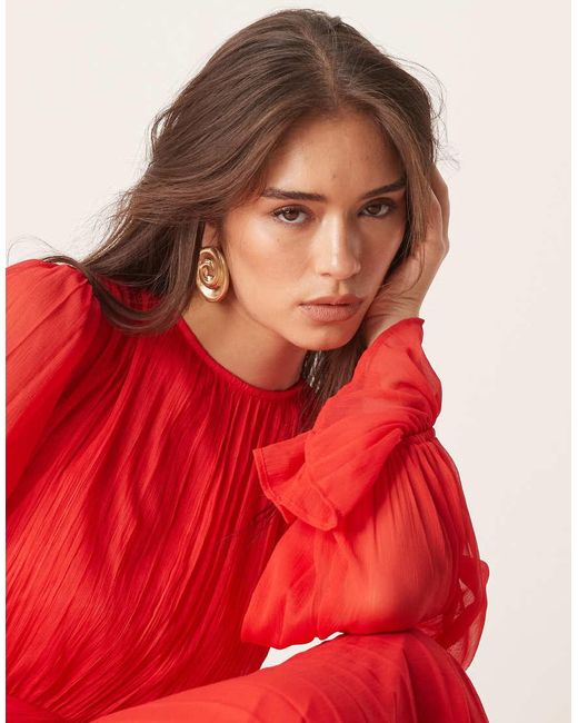 ASOS Red High Neck Ruched Belt Detail Maxi Dress