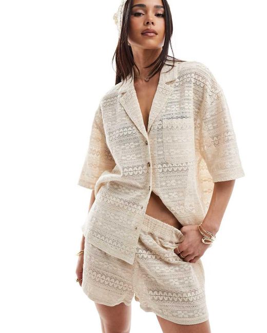 ASOS Natural Crochet Revere Shirt Co-ord