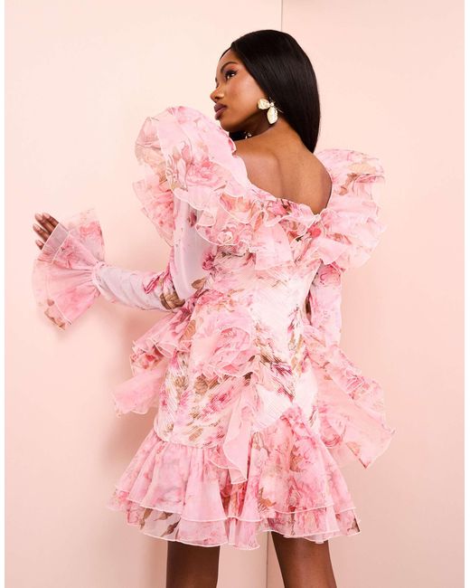 asos pink flower dress ASOS DESIGN ruffle maxi dress with flutter sleeves in pink floral print