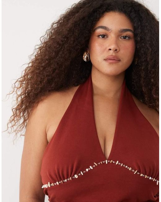 ASOS Red Asos Design Curve Compact Cotton Ruched Halter Neck Top With Bead Detail