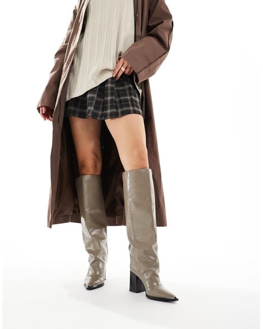 London Rebel Gray Zoe Slouchy Block Heeled Knee Boots