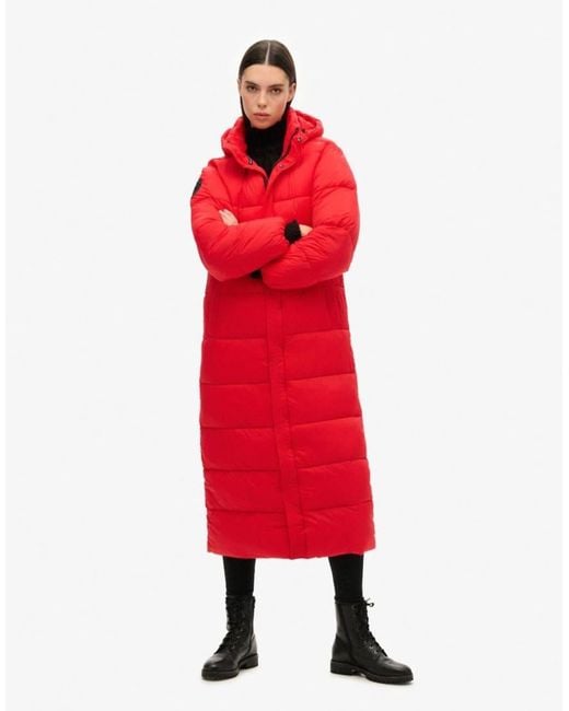 Superdry Red Cocoon Longline Puffer Coat