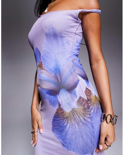 Kaiia Blue Exclusive Double Layered Slinky Mesh Floral Twist Off Shoulder Maxi Dress