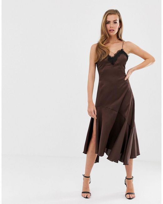 Boohoo Lace Trim Satin Slip Dress in Brown | Lyst