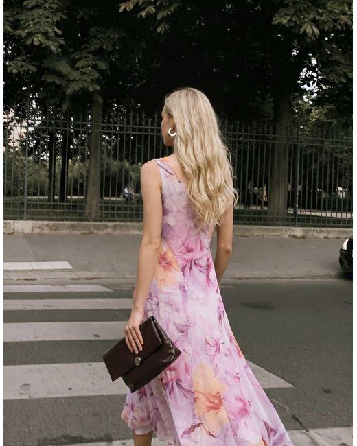 Vero Moda Pink Chiffon V Neck Midi Dress With Godet Shaping