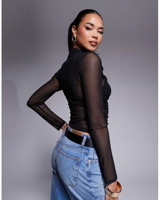 ASOS Blue Long Sleeve Ruched Side Mesh Top