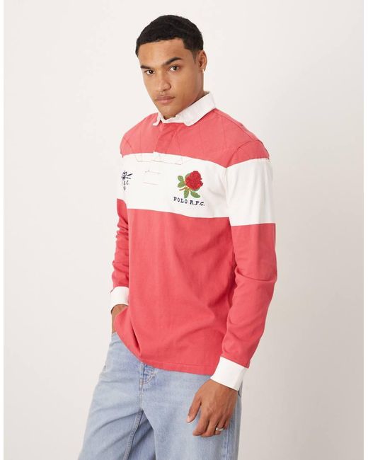Polo Oversize Stile Rugby Rossa A Righe Bianche Con Logo E Numero Sulla Schiena di Polo Ralph Lauren in Red da Uomo