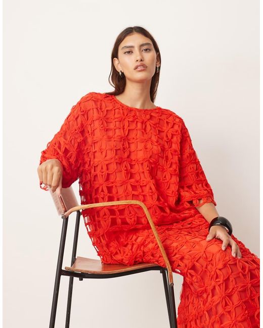 ARRANGE Red Floral Cutwork Oversized T-shirt