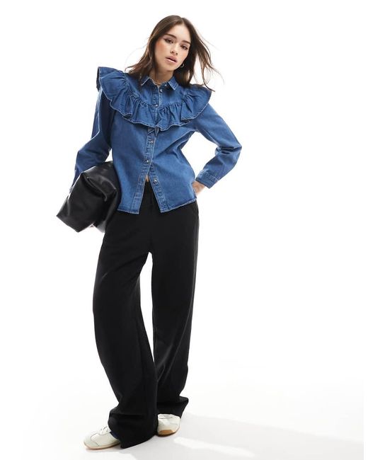 ONLY Blue Long Sleeve Frill Denim Shirt