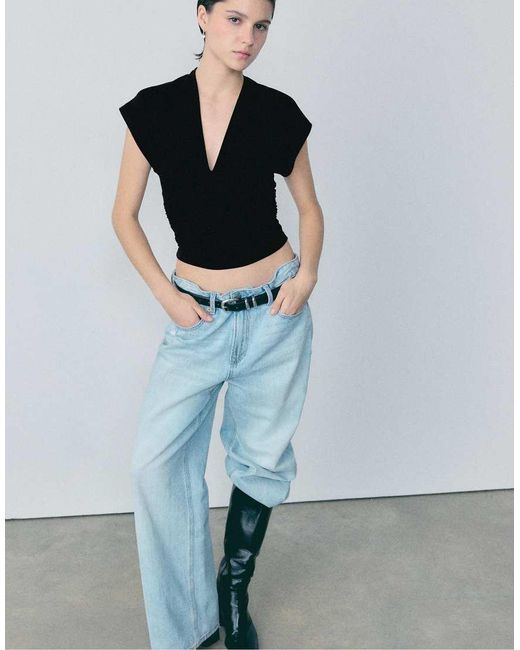 Stradivarius Black Top With Gathered V-neckline