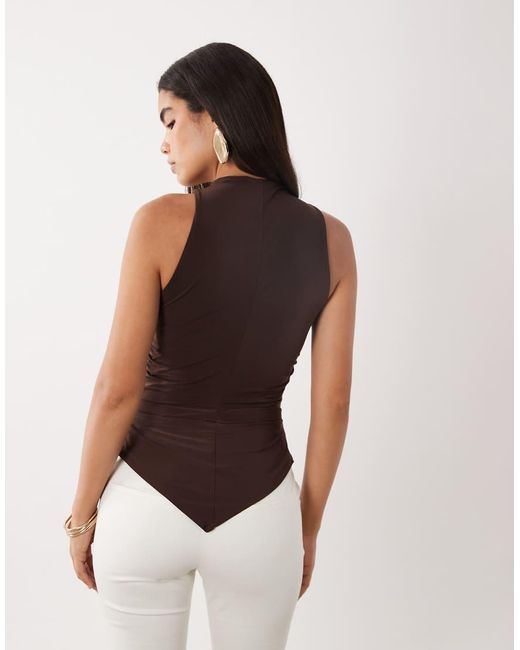 ASOS Brown Hardware Detail Plunge Ruched Neckline Hanky Hem Top