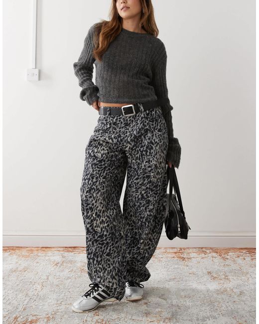 Reclaimed (vintage) Gray Snow Leopard Print Barrel Leg Trouser