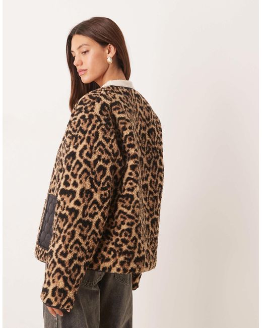 ASOS Natural Leopard Borg Jacket With Quilted Nylon Detail