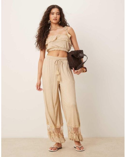 ASOS Natural Co-ord Crinkle Tie Shoulder Lace Trim Bralet Top