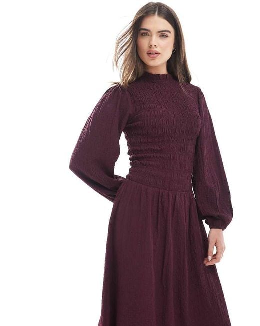 Wednesday's Girl Purple Puff Sleeve Shirred Detail Midaxi Dress