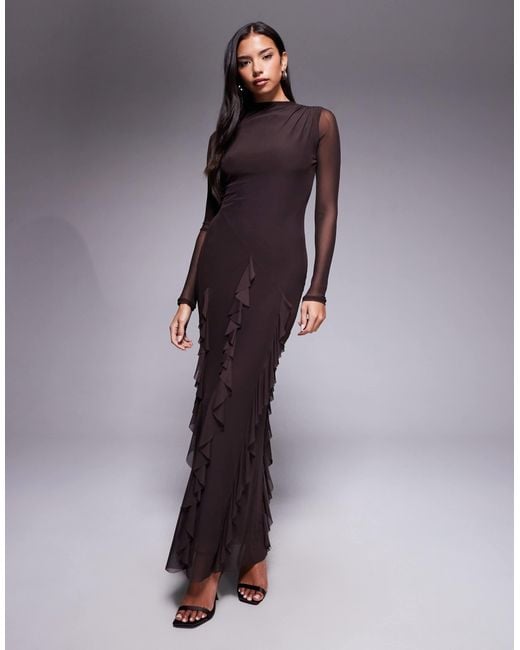 ASOS Purple Mesh Long Sleeve Maxi Dress With Waterfall Ruffle Skirt Detail