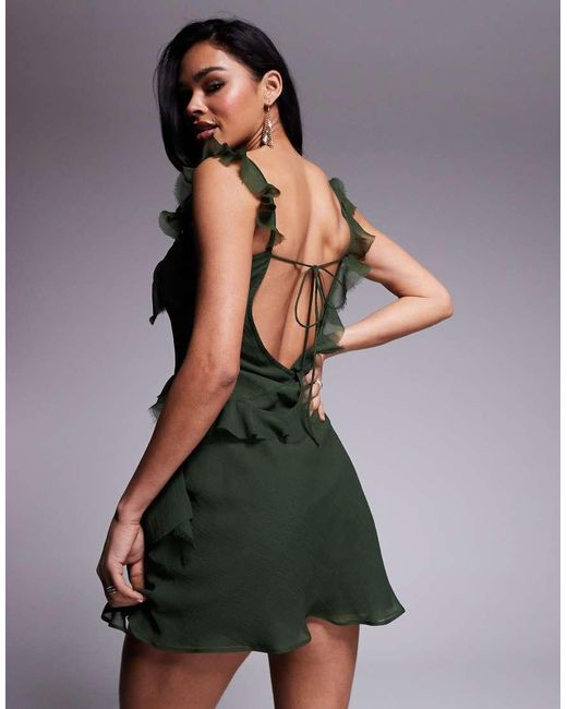 ASOS Green Raw Edge Frill Mini Dress With Tie Back