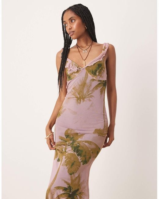 Robe mi-longue en tulle avec bretelles à volants - imprimé fleurs vintage ASOS en coloris Pink