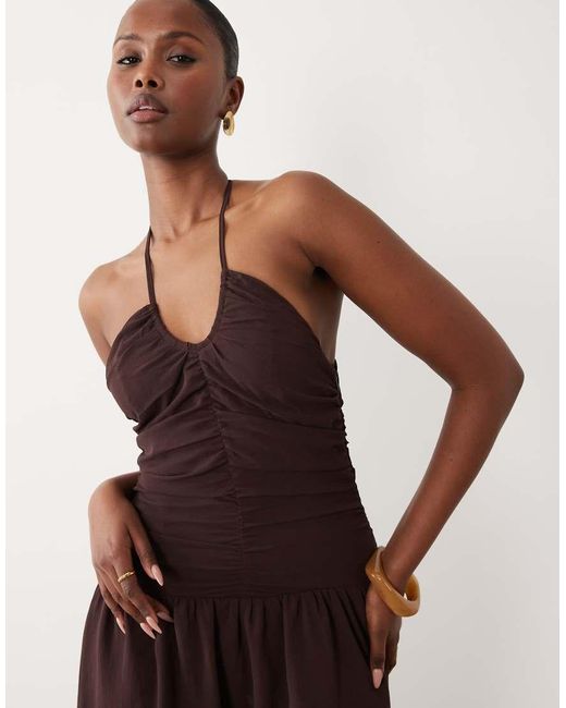 The Frolic Natural Exclusive Chiffon Cross Front Halterneck Asymmetric Mini Dress