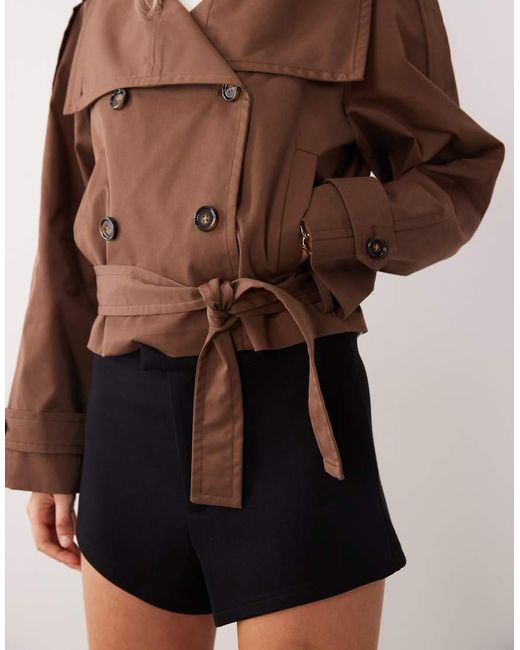 Mango Brown Cropped Funnel Neck Belted Trench