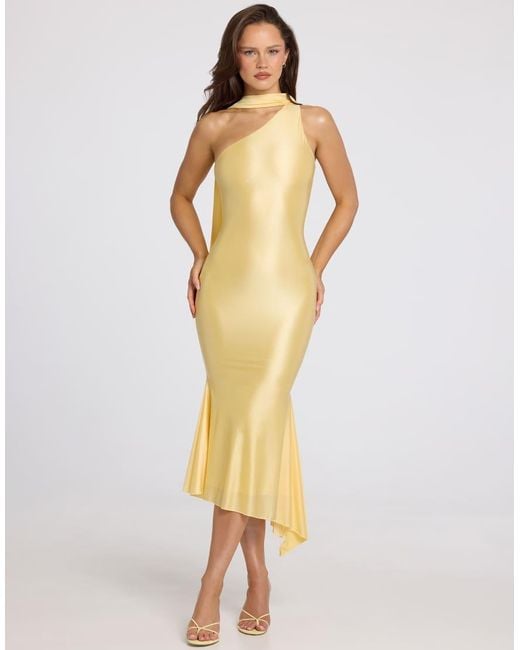 Oh Polly Natural Satin Asymmetric Scarf Detail Midi Dress