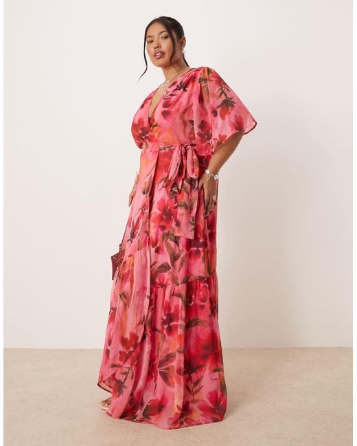 Hope & Ivy Plus Red Flutter Sleeve Maxi Wrap Dress