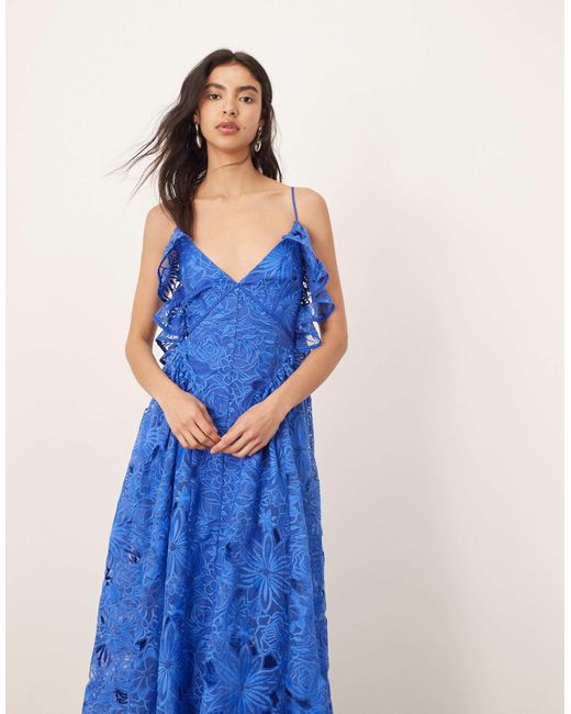 ARRANGE Blue Cutwork Lace Drop Waist Ruffle Detail Midi Dress With Tie Back