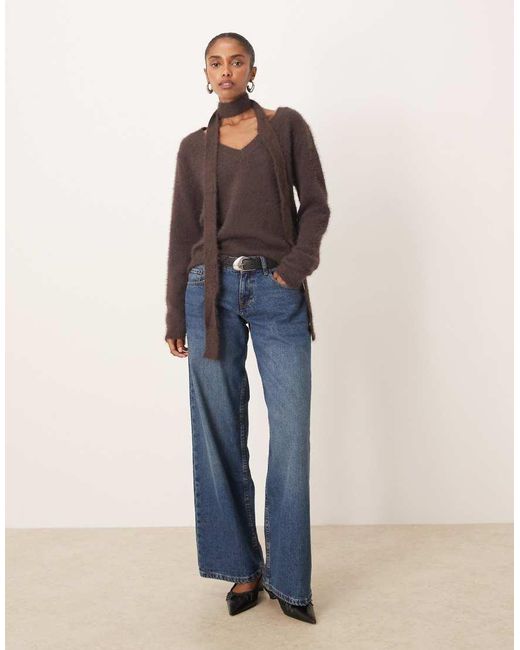 Motel Brown Dikara V Neck Fluffy Slouchy Jumper With Matching Scarf