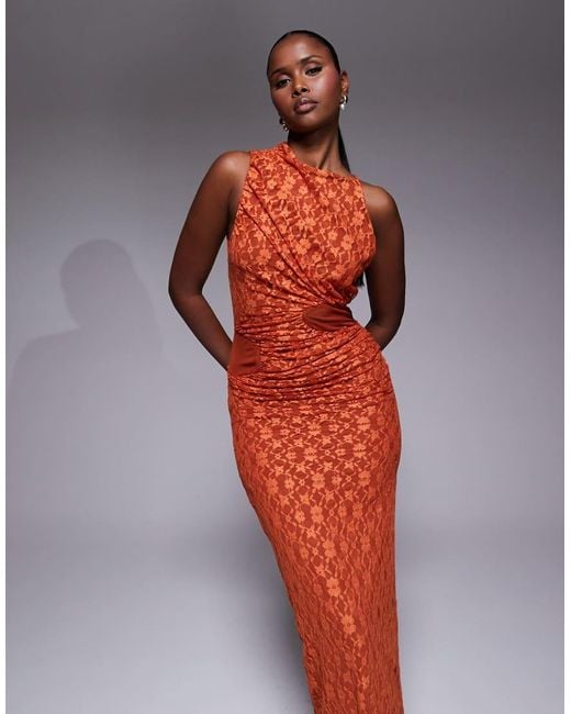 ASOS Orange Lace Midi Dress With Cowl Draped Skirt And Mesh Cut Outs