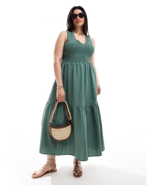 ASOS Green Asos Design Curve V-neck Crinkle Midi Sundress With Tiered Skirt