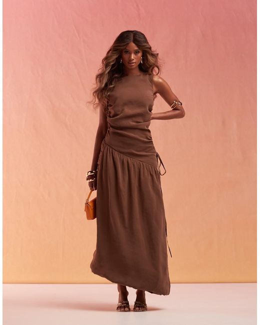 ASOS Brown Soft Draped Midi Dress With Drawstring Tie Sides