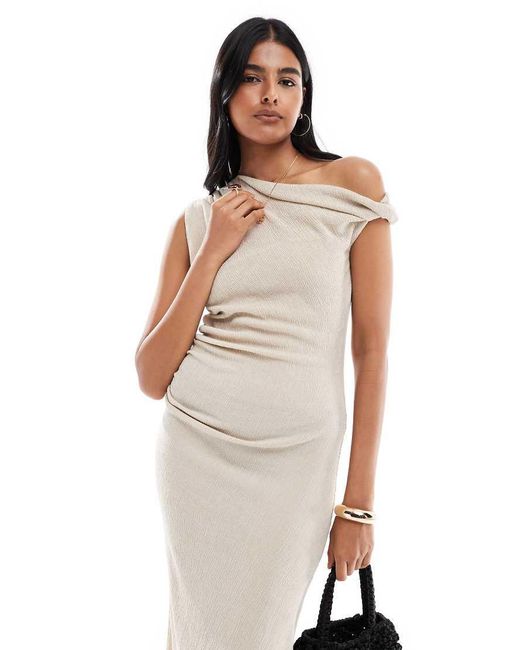 Vero Moda White Asymmetric Shoulder Textured Midi Dress