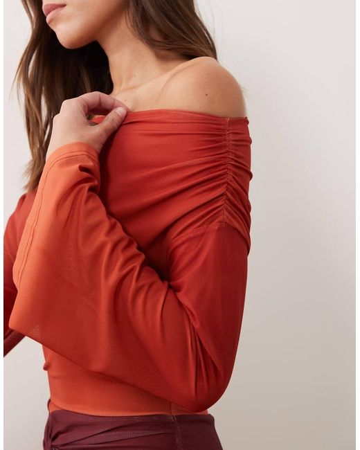 Ruched & Ready Red Sculpting Mesh Off-shoulder Wide Sleeve Twist Skirt Detail Maxi Dress