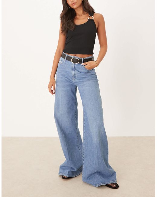 Mango Blue Cotton Pleat Front Wide Leg Jean