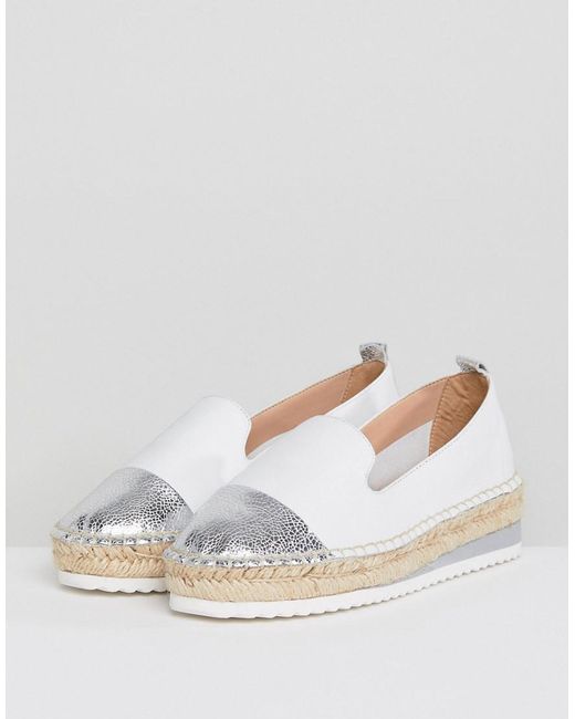 Dune Slip White Leather Espadrilles With Silver Toe Cap | Lyst