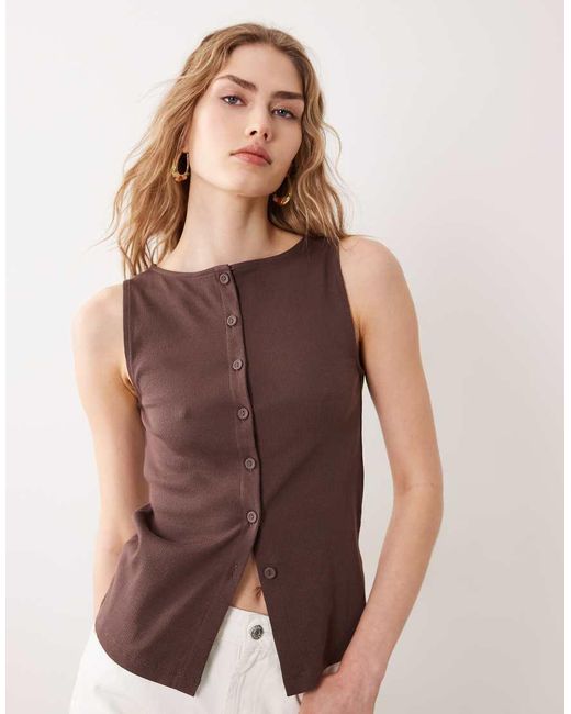New Look Brown Boat Neck Button Through Tank Top