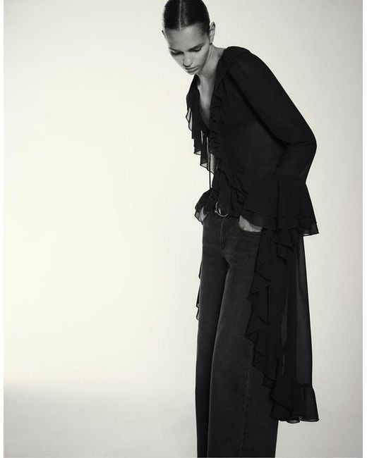 Pull&Bear Black Long Ruffle Kimono