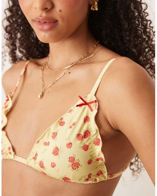 ASOS Brown Cherry Rose Scrunch Triangle Bikini Top