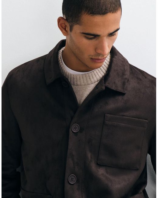 Threadbare Blue Faux Suede Button Up Collared Jacket for men