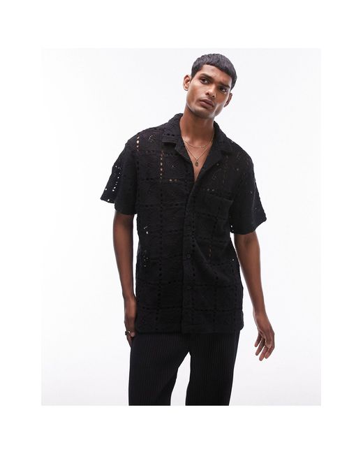 Topman Black Short Sleeve Crochet Revere Shirt for men