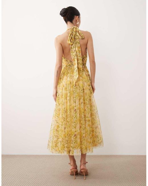 LACE & BEADS Metallic Tulle High Neck Midi Dress