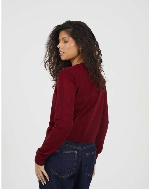 Brave Soul Red Crew Neck Cardigan With Metallic Buttons