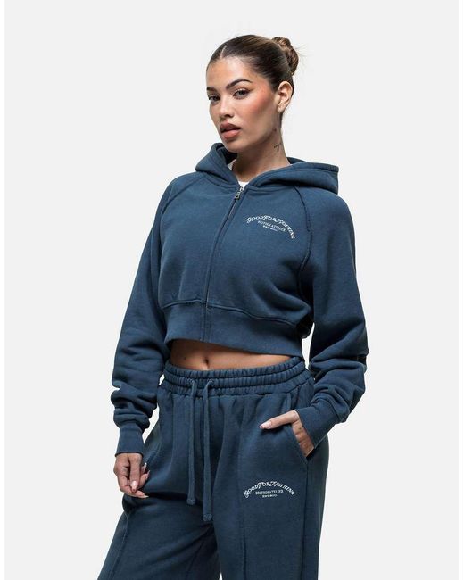 Felpa Corta Slavato Con Cappuccio E Maniche Raglan Con Cuciture Sfrangiate di Good For Nothing in Blue