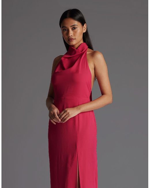 Vesper Red Cowl Neck Open Back Maxi Dress With Thigh Split