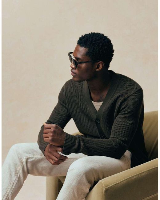 Mango Black Cotton Mix Waffle Knit Long Sleeve Cardigan for men