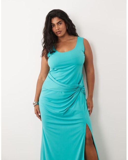 Tfnc Plus Blue Slinky Scoop Neck Knot Detail Split Maxi Dress