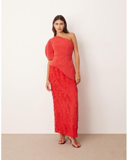 ARRANGE Red Sculptural One Shoulder Texture Hybrid Maxi Dress