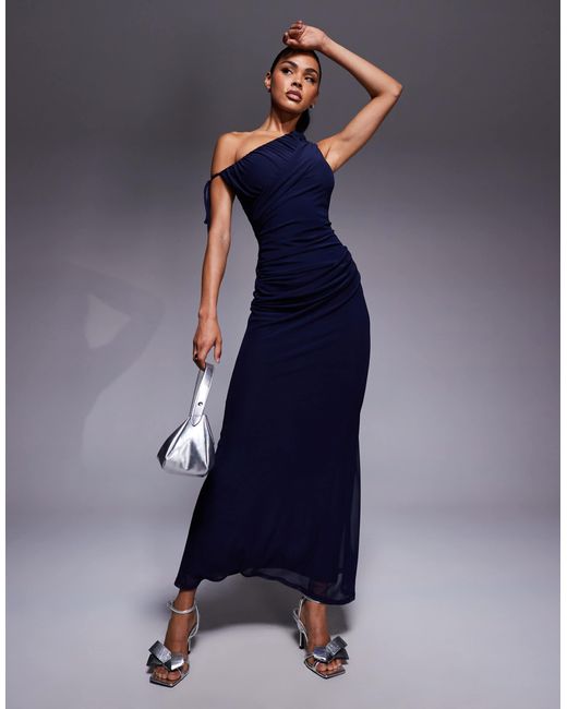 ASOS Blue Mesh One Shoulder Draped Maxi Dress
